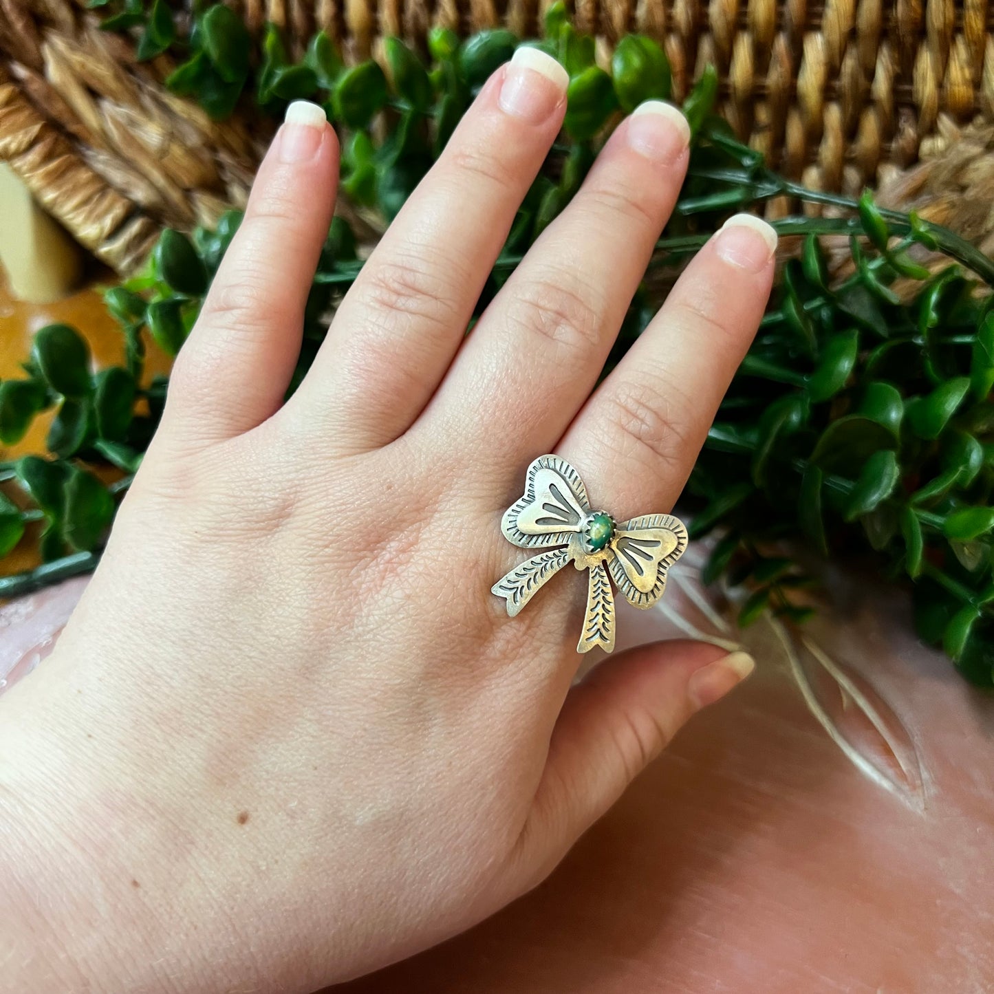 Sterling Silver Kingman Turquoise Bow Ring – Adjustable Size 10