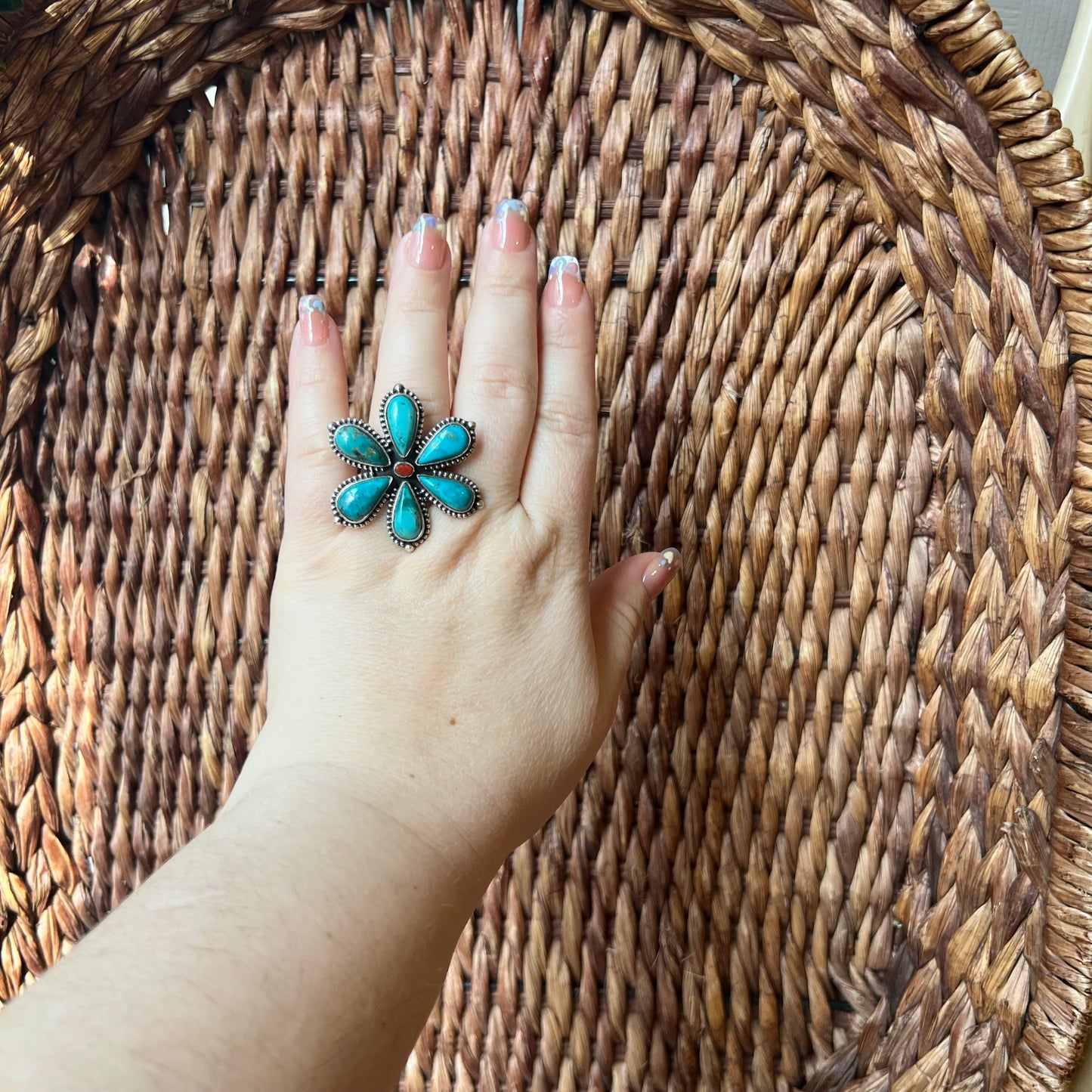 Kingman Turquoise Flower Ring with Italian Red Coral Center | Sterling Silver Statement Ring Size 9