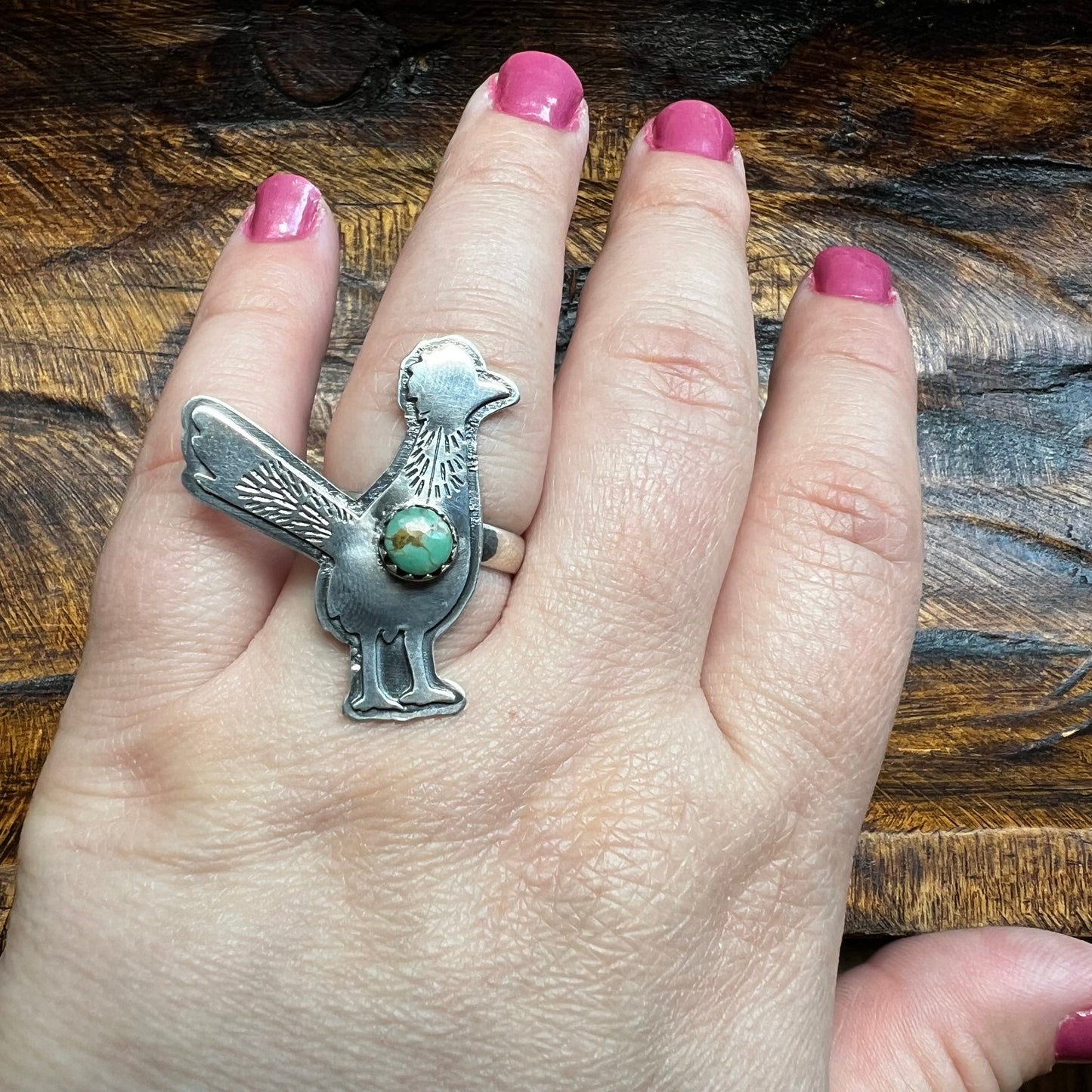 Sterling Silver Kingman Turquoise Roadrunner Ring – Handmade Southwestern Statement Size 9