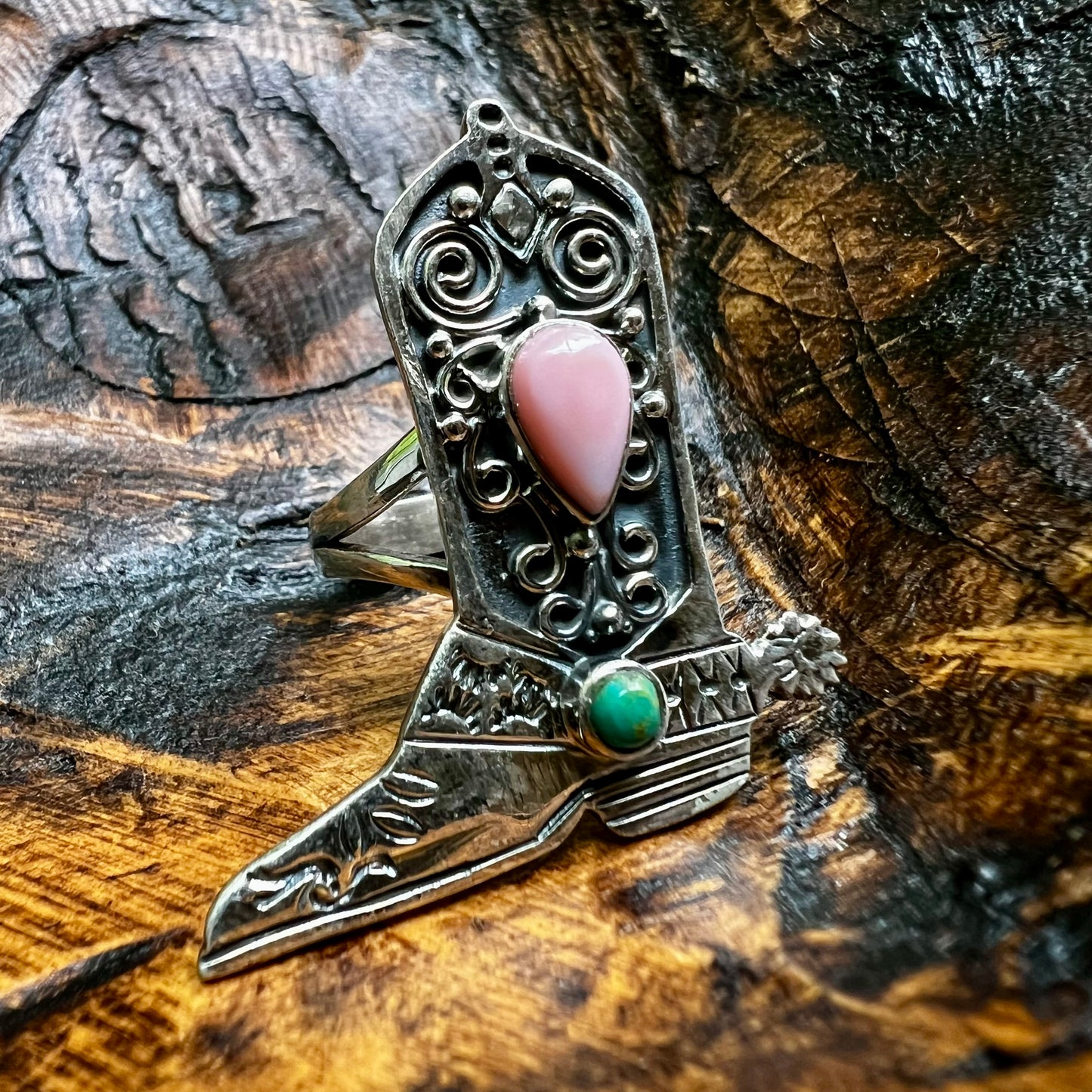 Sterling Silver Pink Conch Cowboy Boot Ring with Kingman Turquoise – Size 7.5