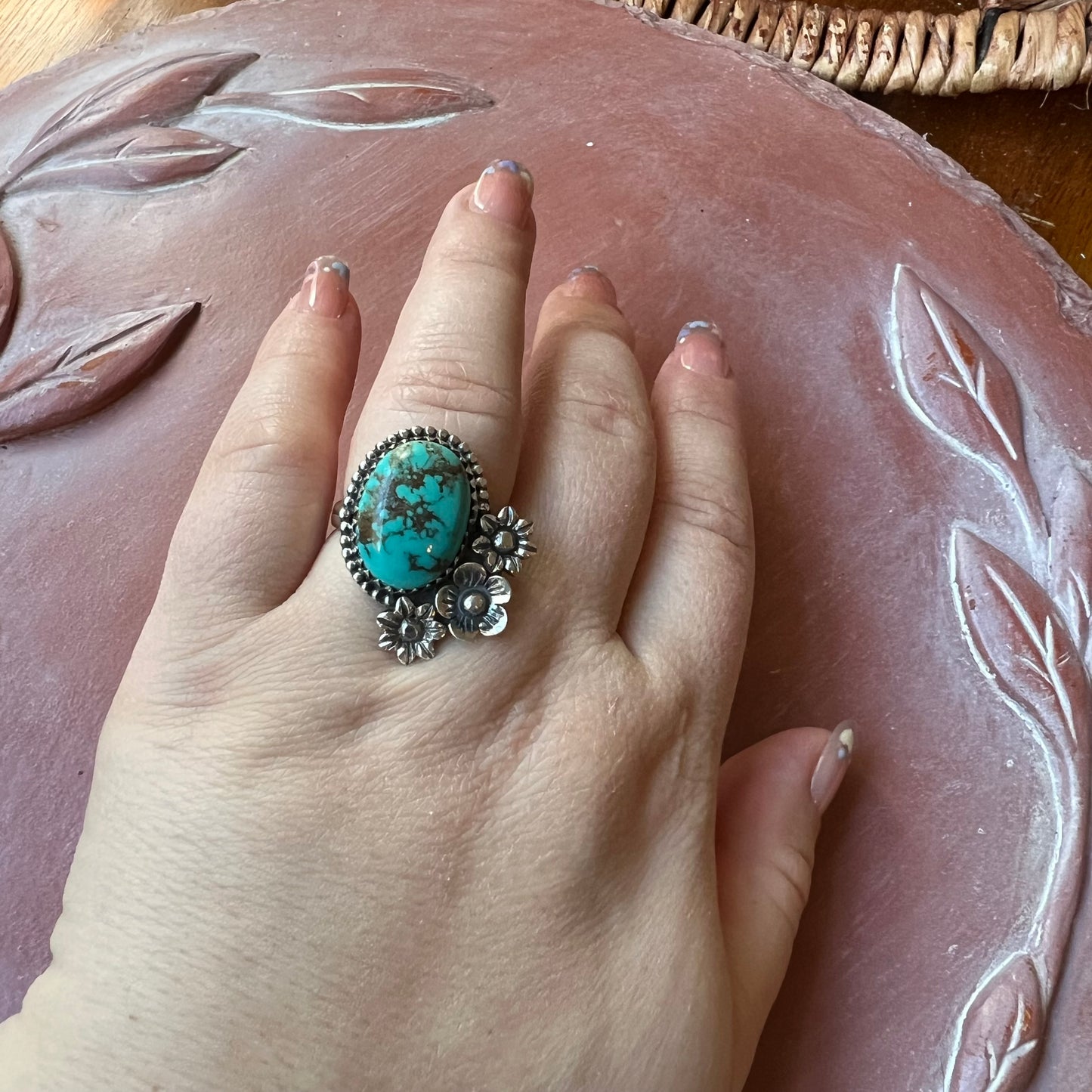 Kingman Turquoise Floral Statement Ring in Solid Sterling Silver