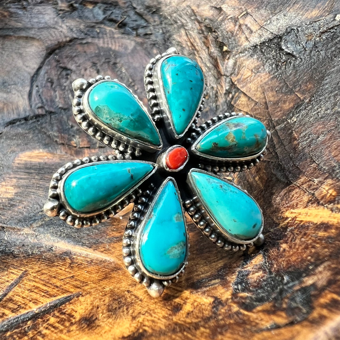 Kingman Turquoise Flower Ring with Italian Red Coral Center | Sterling Silver Statement Ring Size 9