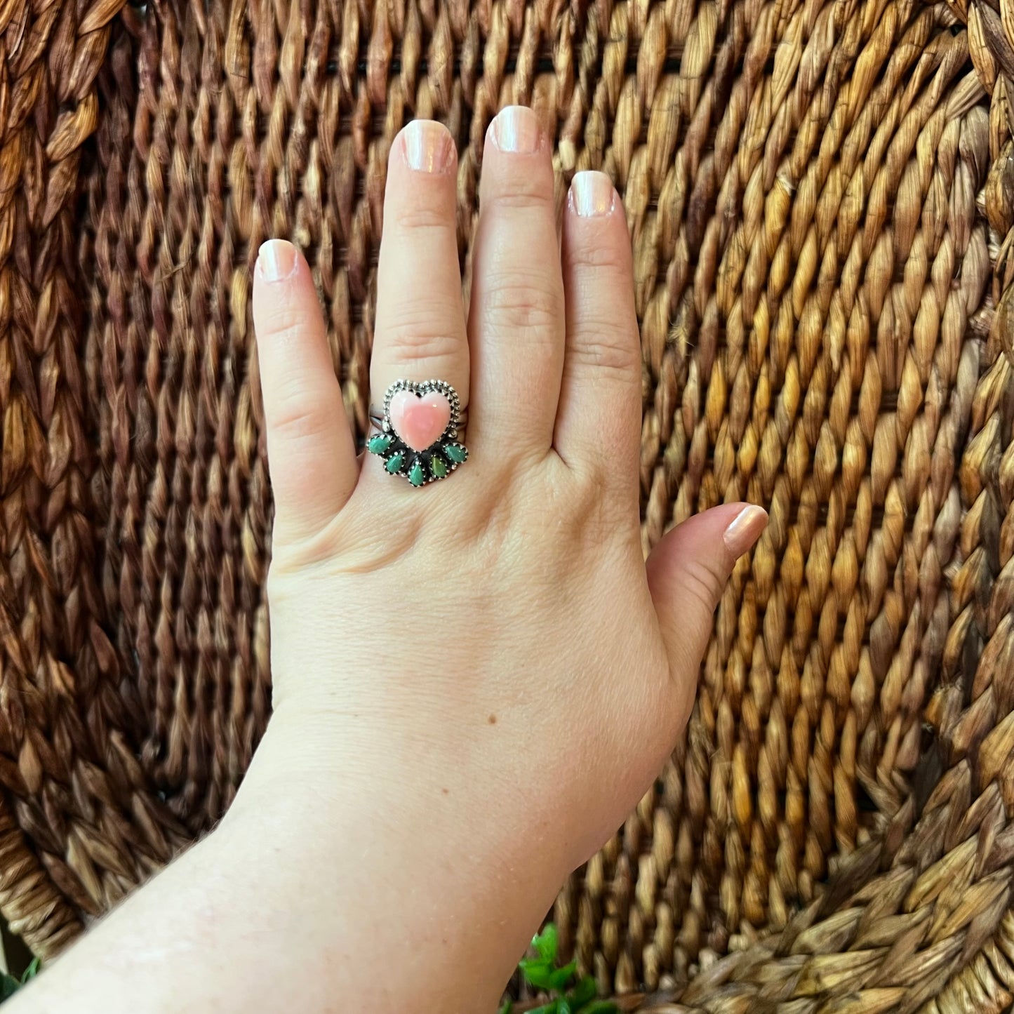 Pink Conch Heart & Kingman Turquoise Cluster Ring