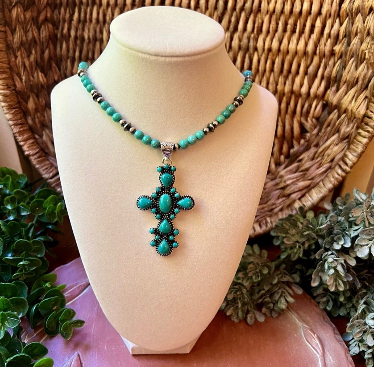 Sterling Silver & Kingman Turquoise Cluster Cross Pendant