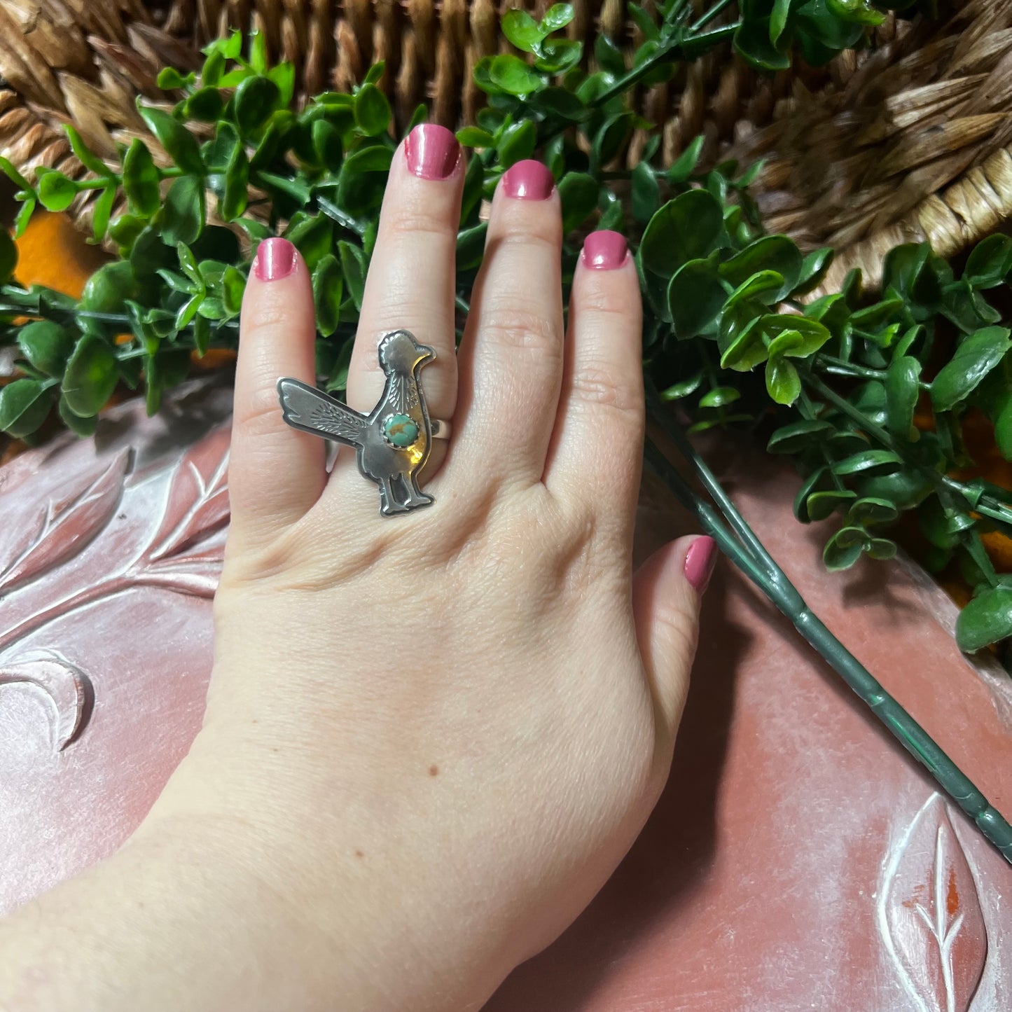 Sterling Silver Kingman Turquoise Roadrunner Ring – Handmade Southwestern Statement Size 9