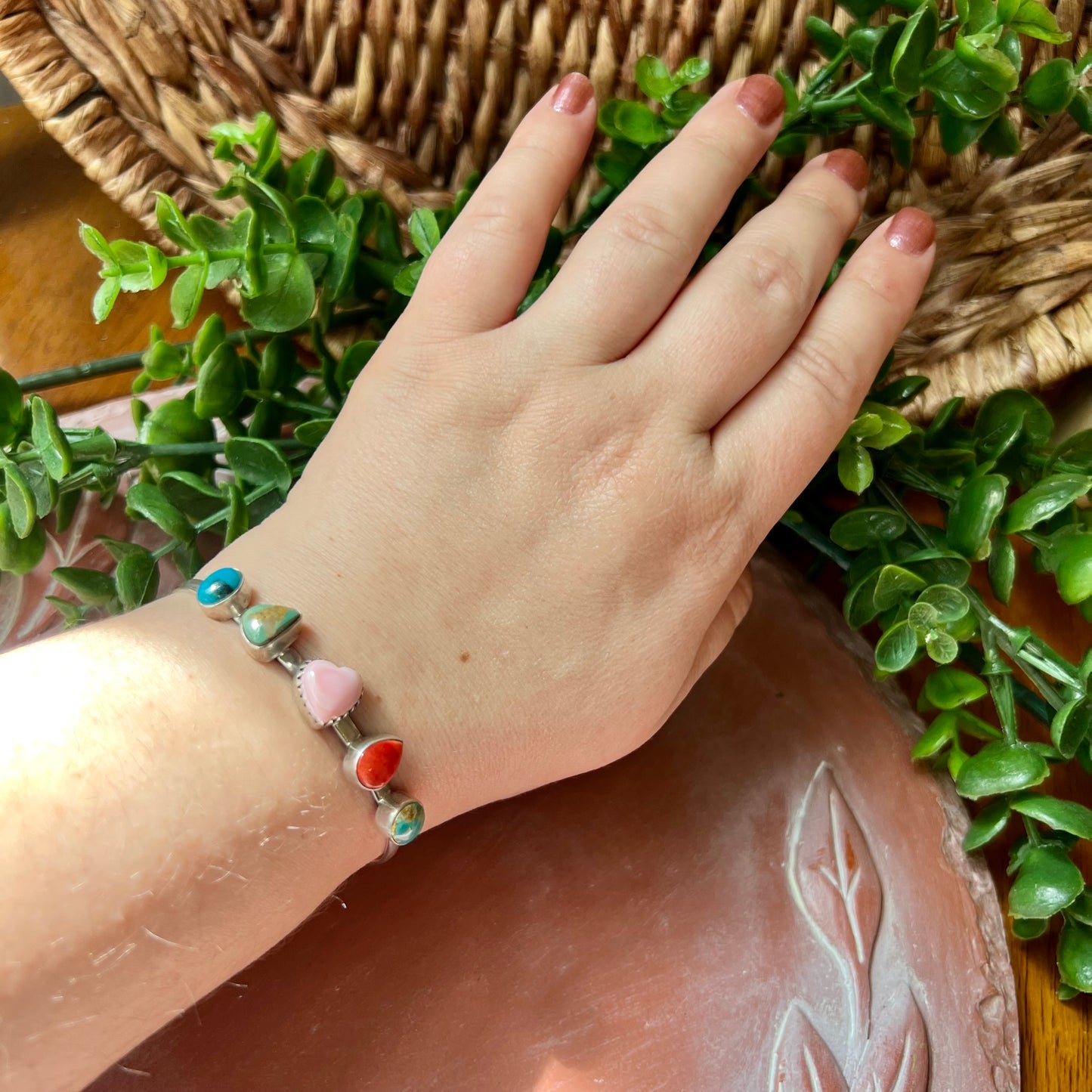 925 Sterling Silver Multi-Stone Cuff Bracelet Kingman Turquoise Spiny Oyster Conch Heart Southwestern