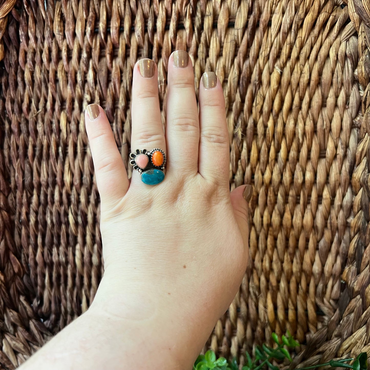 Kingman Turquoise, Spiny Oyster & Queen Conch Sterling Silver Ring – Size 9