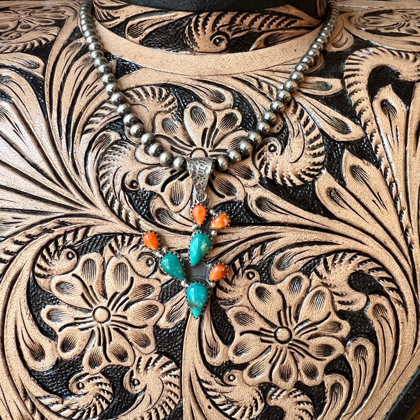 Southwestern Sterling Silver Turquoise & Spiny Oyster Cactus Pendant