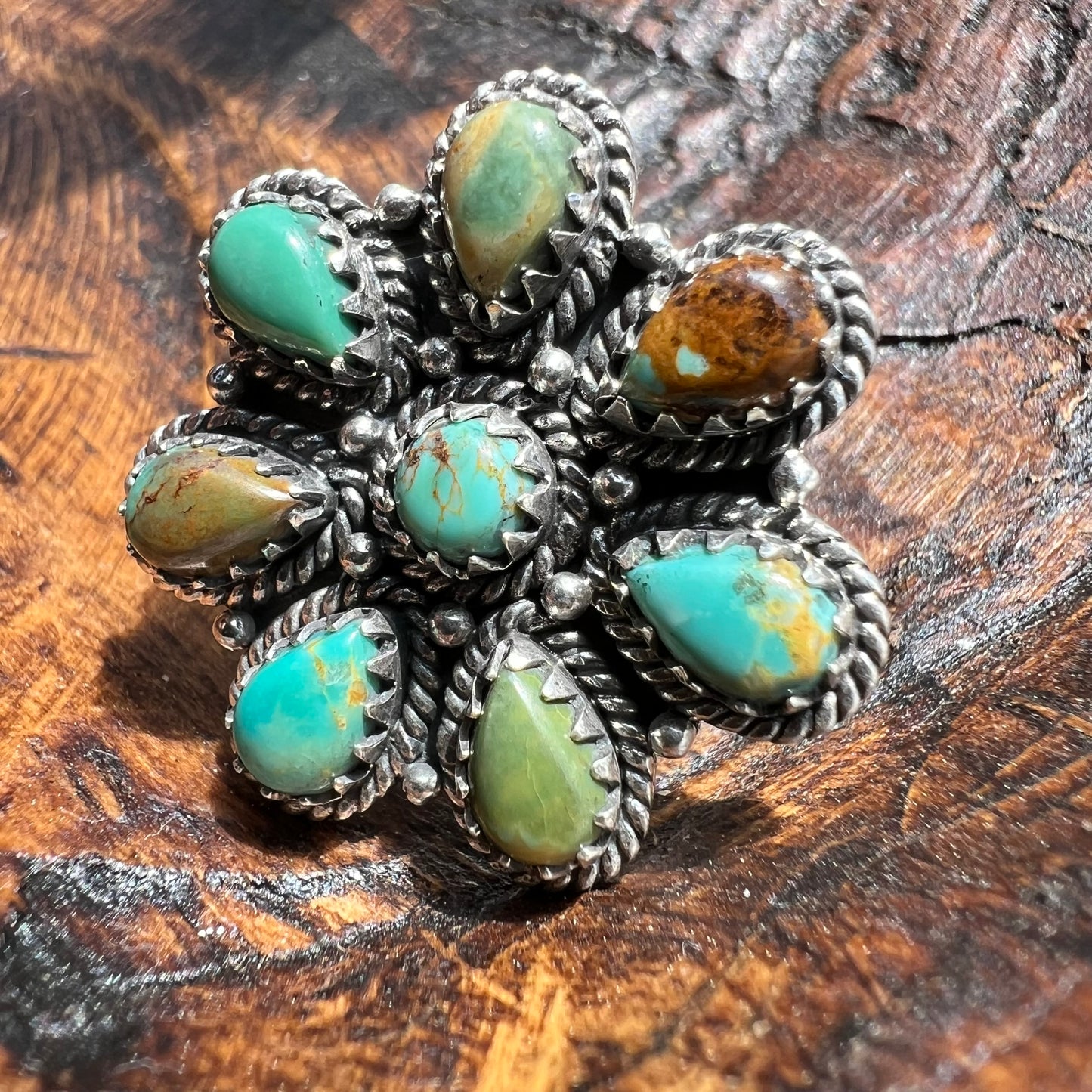 Kingman Turquoise Floral Cluster Ring in Sterling Silver