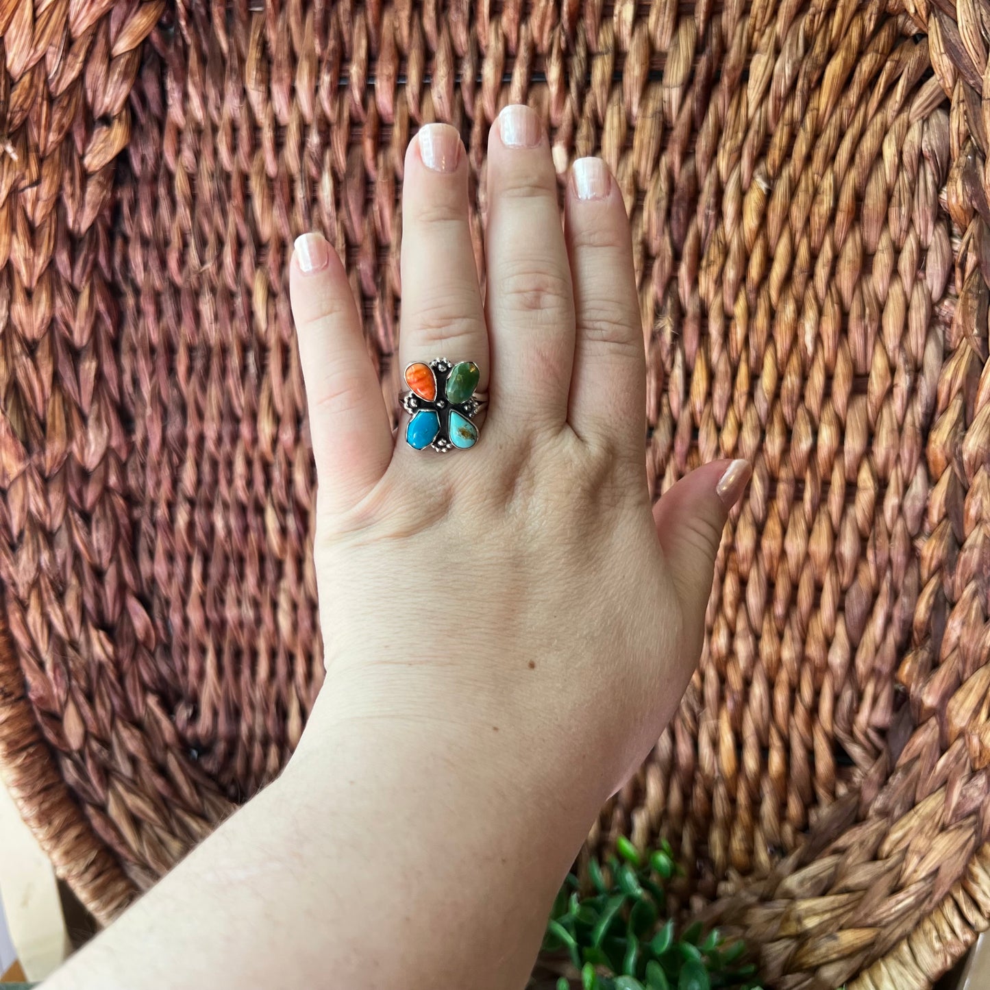 Kingman Turquoise & Spiny Oyster Cluster Ring – Size 8.75