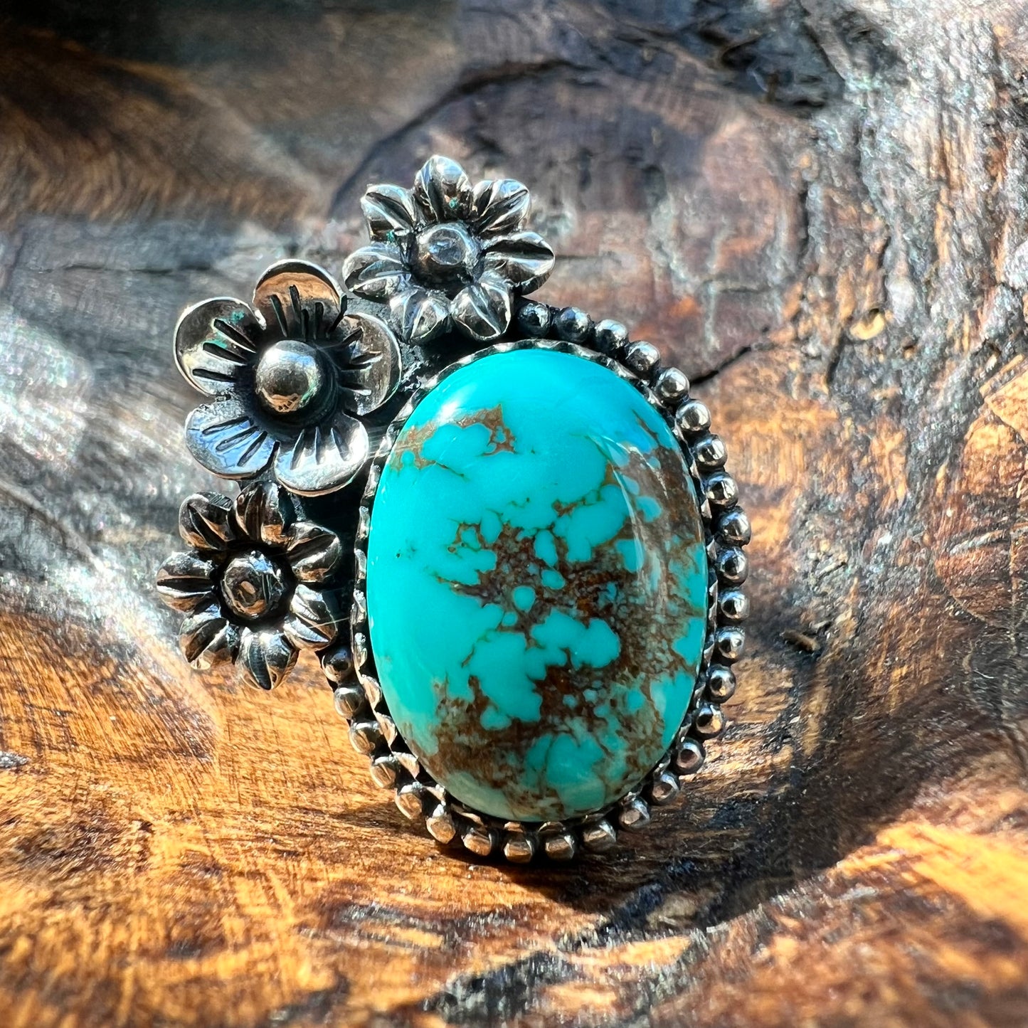 Kingman Turquoise Floral Statement Ring in Solid Sterling Silver