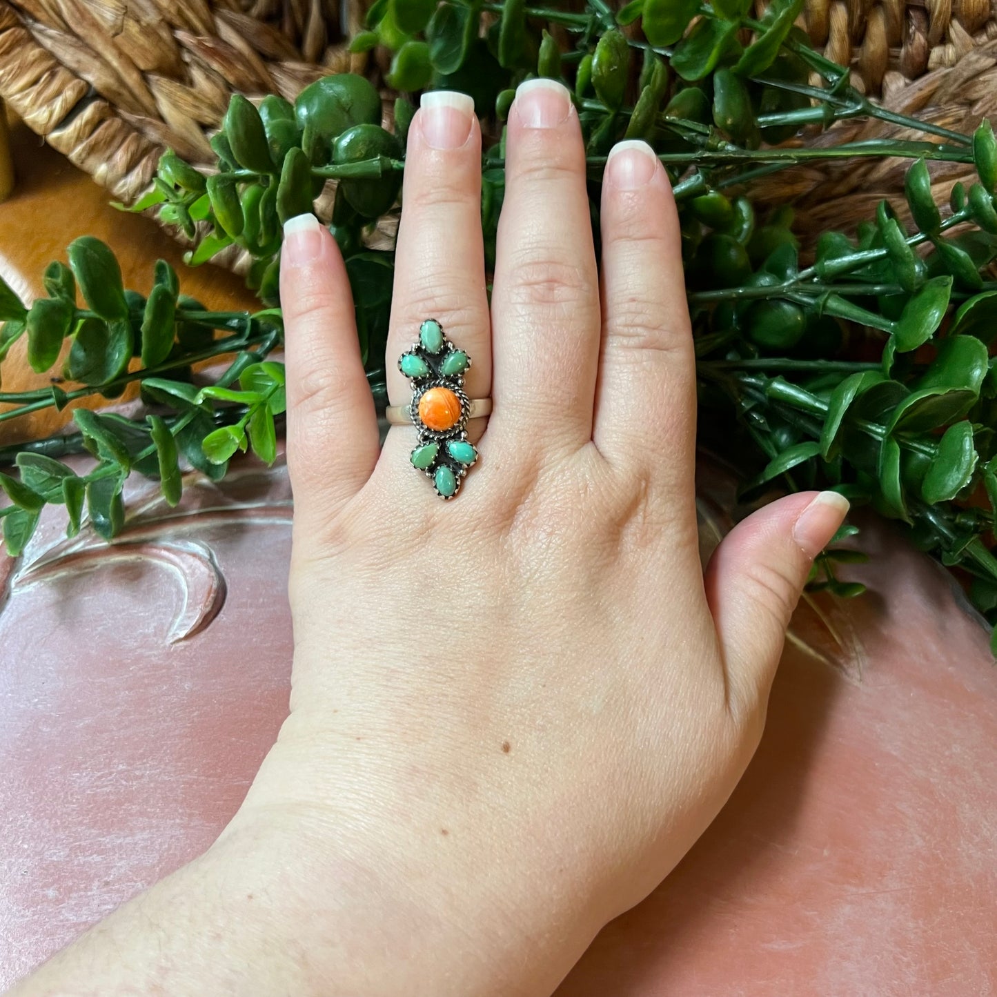 Sterling Silver Spiny Oyster Turquoise Cluster Ring Adjustable Size 9