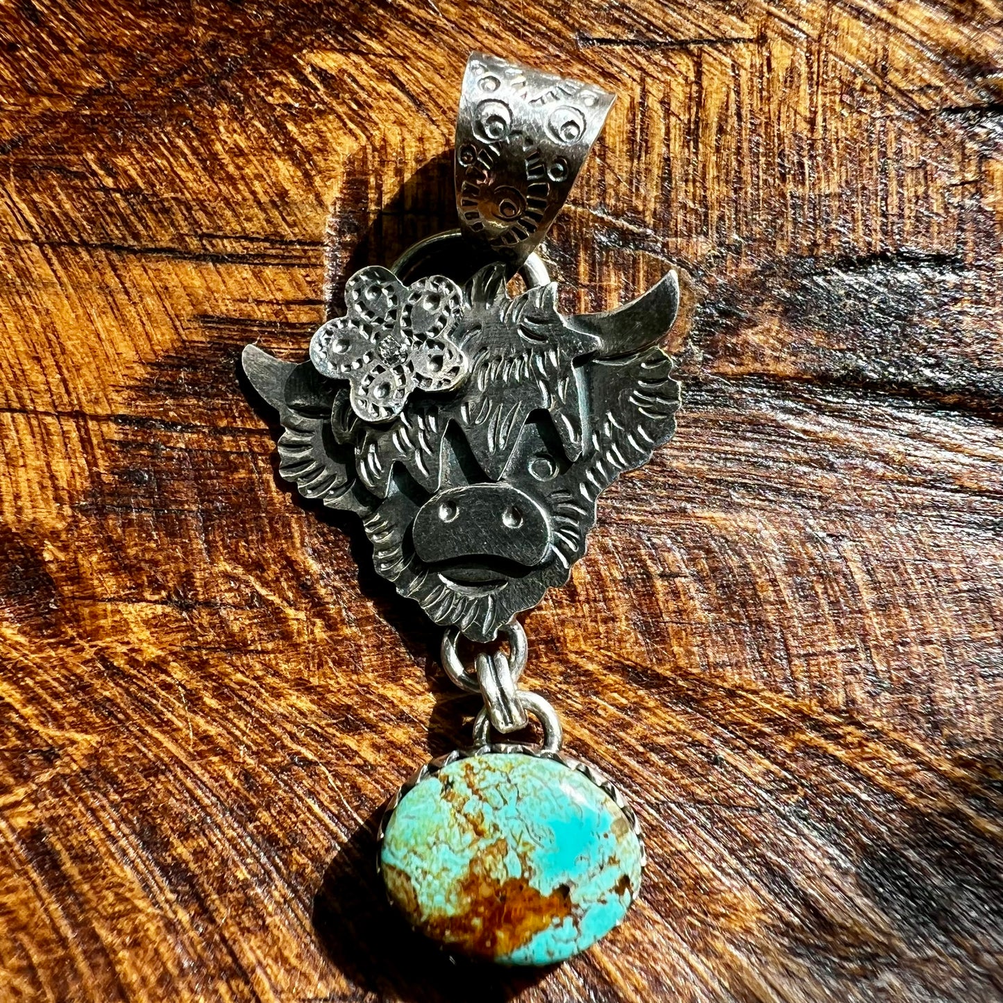 Highland Cow Kingman Turquoise Sterling Silver Pendant