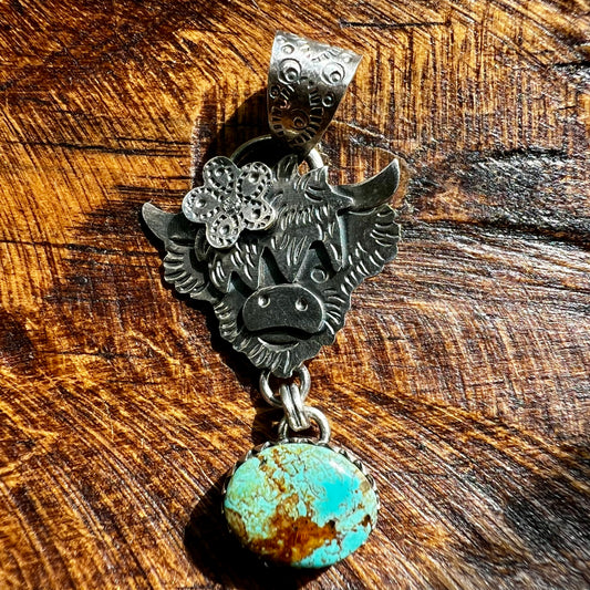 Highland Cow Kingman Turquoise Sterling Silver Pendant