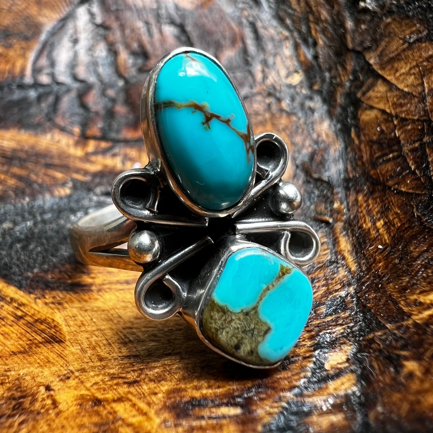 Sterling Silver & Kingman Turquoise Double Stone Ring | Size 9