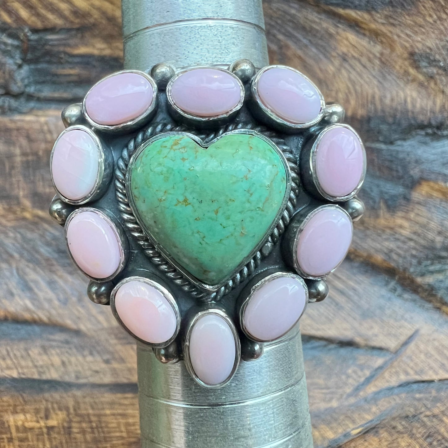 Kingman Heart & Queen Conch Cluster Ring — Sterling Silver Statement (Size ~9¼)
