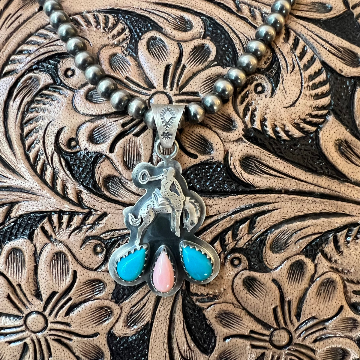 Sterling Silver Kingman Turquoise Queen Conch Bucking Bronco Pendant