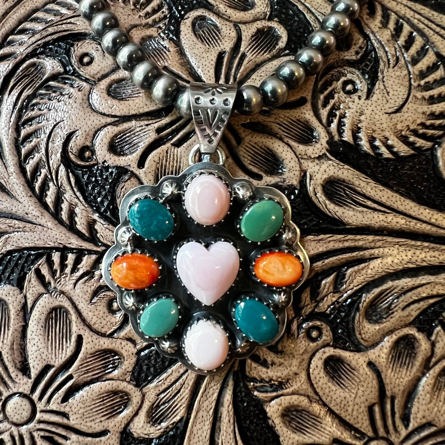Queen Conch, Kingman Turquoise & Spiny Oyster Cluster Heart Pendant