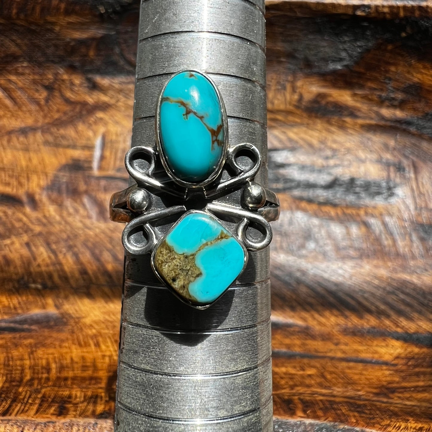 Sterling Silver & Kingman Turquoise Double Stone Ring | Size 9