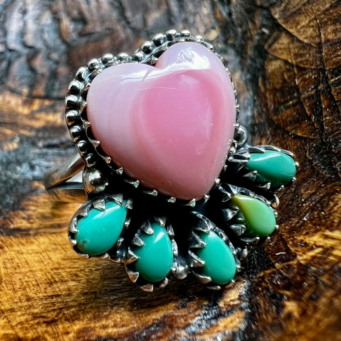 Pink Conch Heart & Kingman Turquoise Cluster Ring