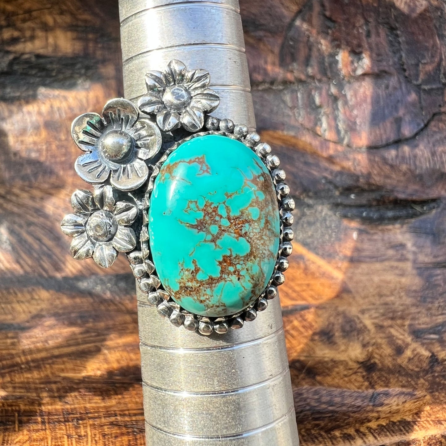 Kingman Turquoise Floral Statement Ring in Solid Sterling Silver