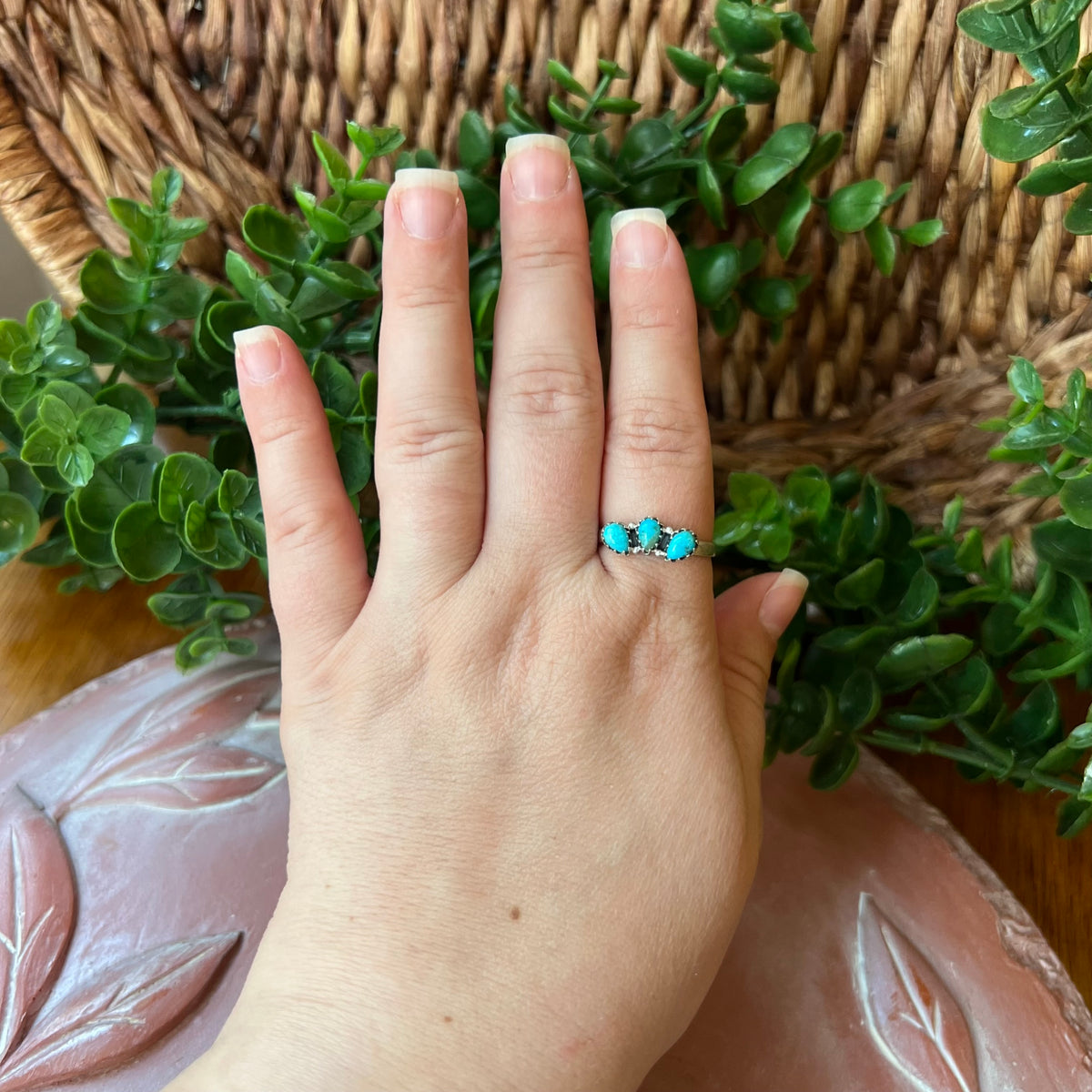 Sterling Silver Kingman Turquoise Three Stone Stacker Ring Size 10.5 Adjustable