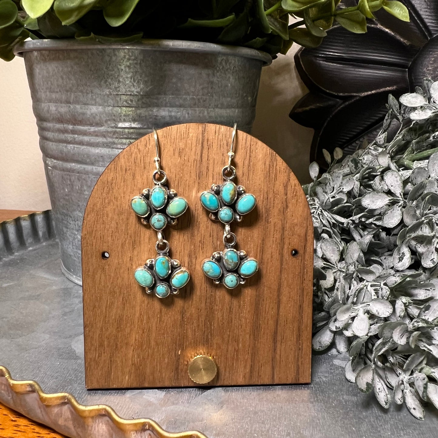 Kingman Turquoise Cluster Dangle Earrings in Sterling Silver