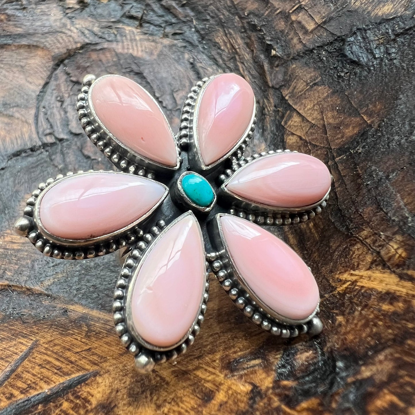 Queen Conch & Kingman Turquoise Flower Ring – Sterling Silver Statement | Size 8.5