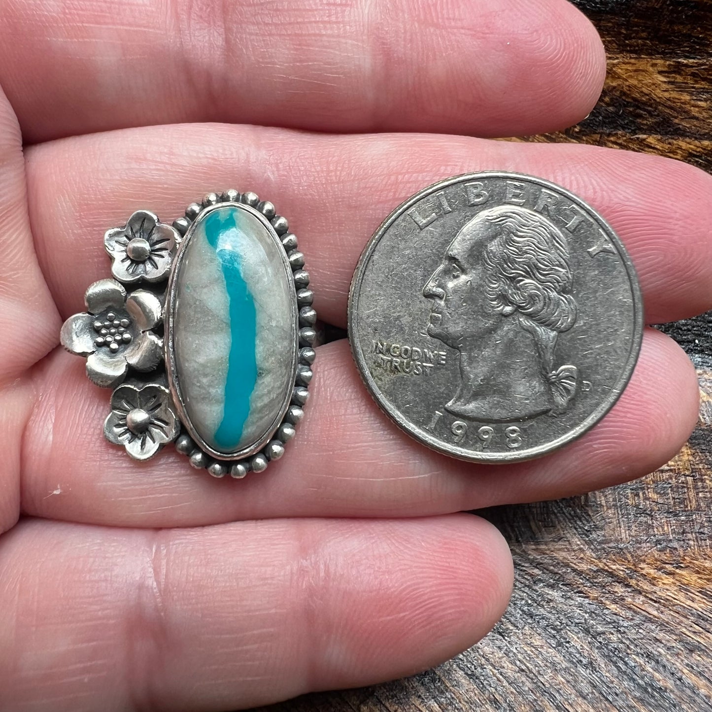 Ribbon Turquoise Floral Sterling Silver Statement Ring – Adjustable Size 9