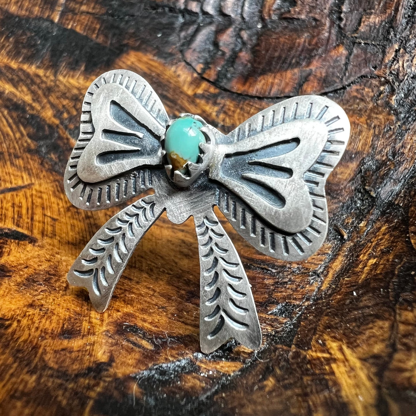 Sterling Silver Kingman Turquoise Bow Ring Size 9 (Adjustable)