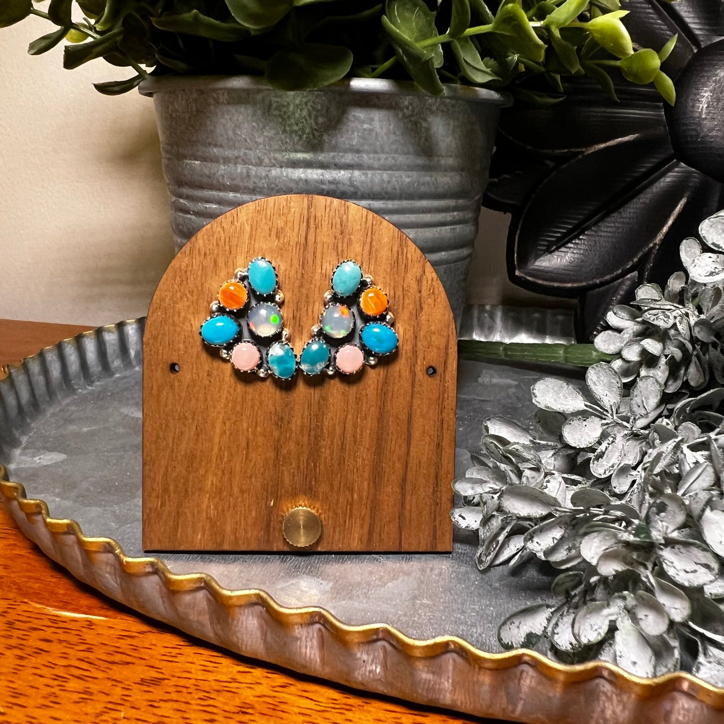 Kingman Turquoise, Ethiopian Opal & Queen Conch Half Cluster Earrings | Sterling Silver