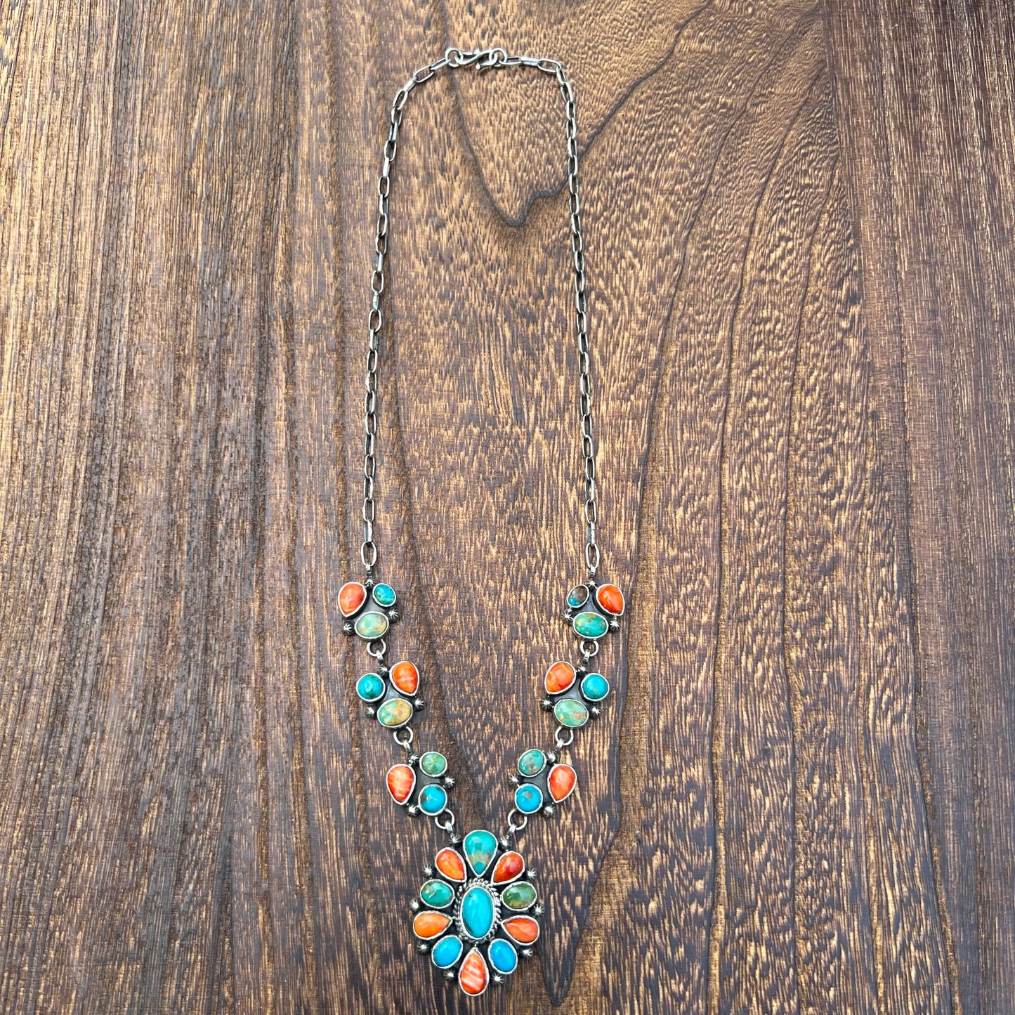 Collector’s Kingman Turquoise & Spiny Oyster Cluster Necklace – 29 Stone Statement