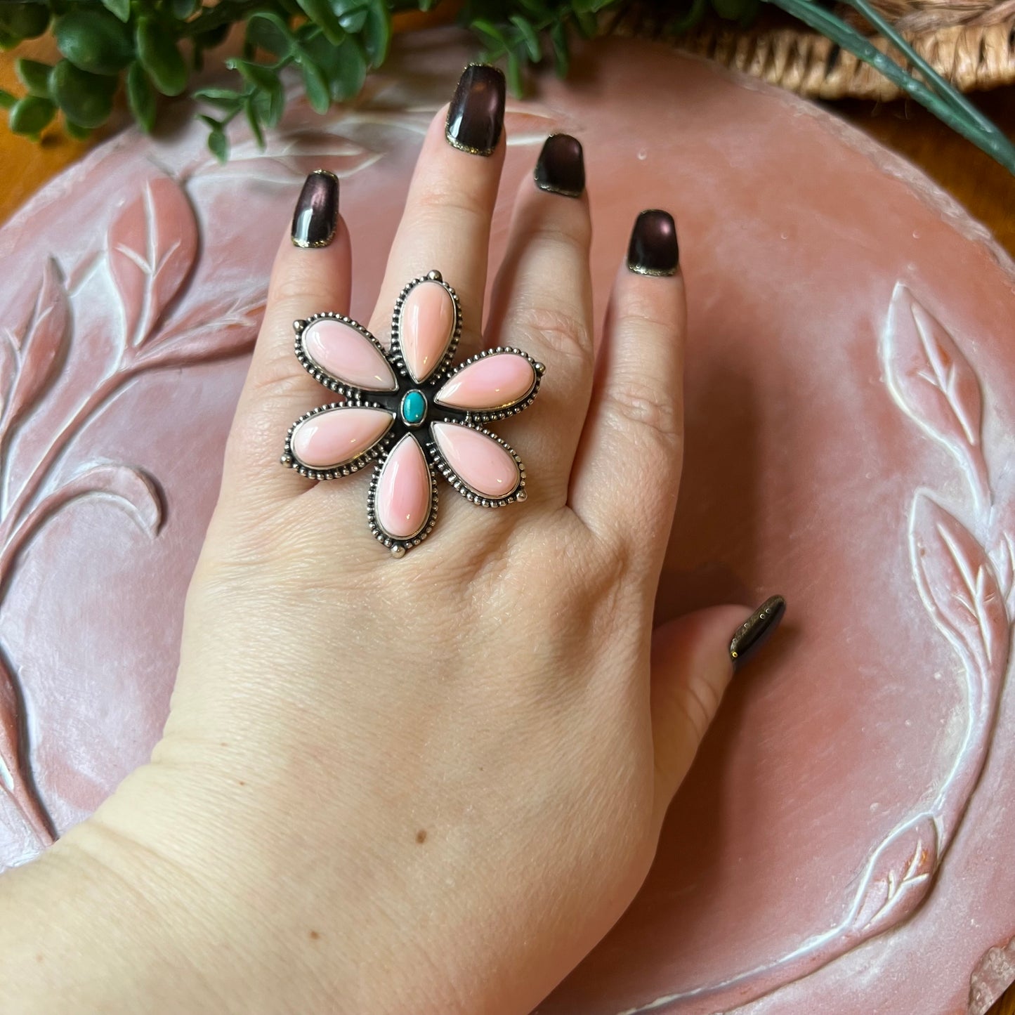 Queen Conch & Kingman Turquoise Flower Ring – Sterling Silver Statement | Size 8.5