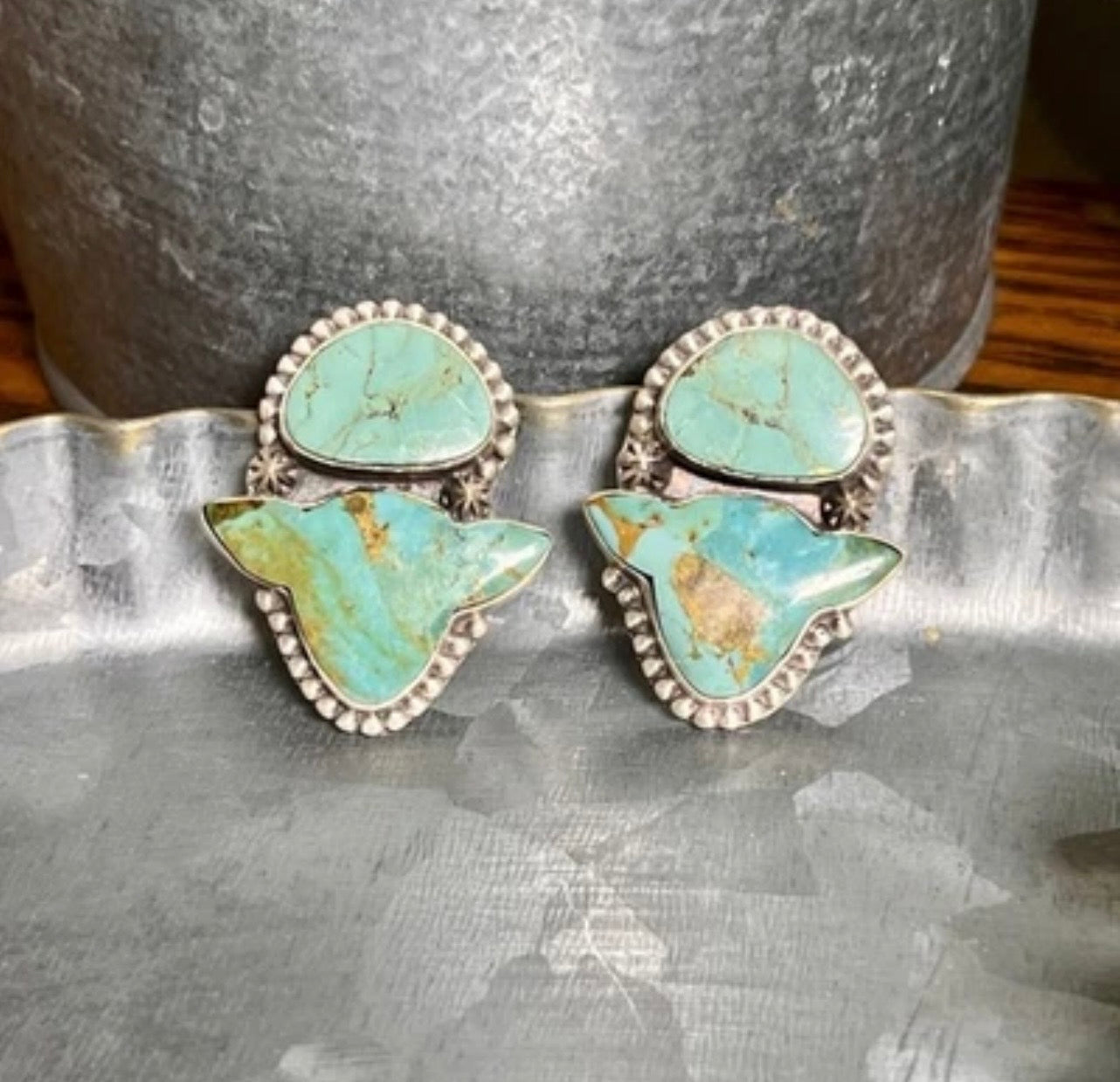 925 Sterling Silver Turquoise Cow Head Earrings Large Western Statement