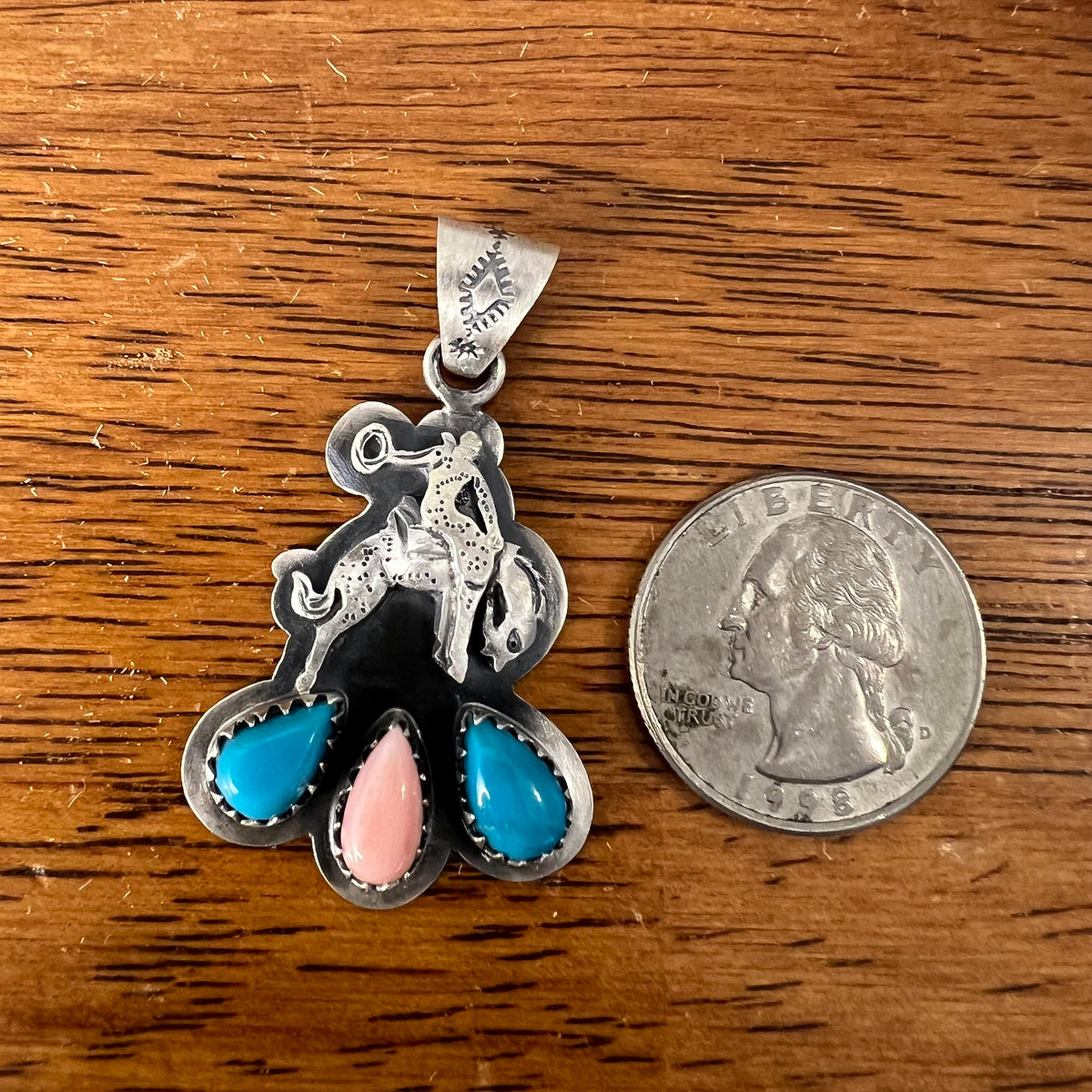 Sterling Silver Kingman Turquoise Queen Conch Bucking Bronco Pendant