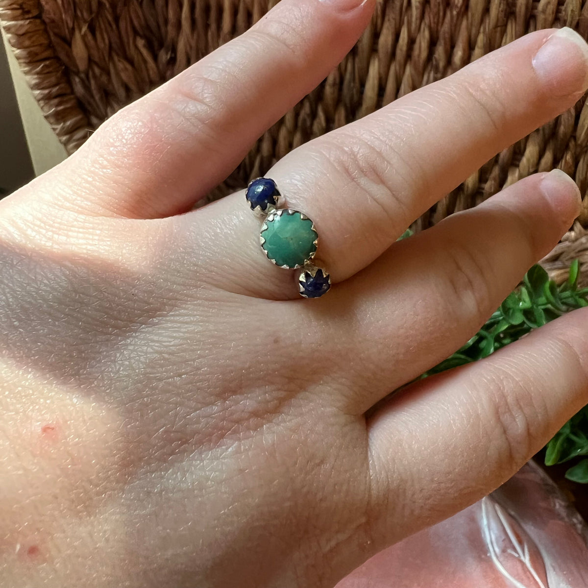 Sterling Silver Kingman Turquoise & Lapis Lazuli Three-Stone Ring