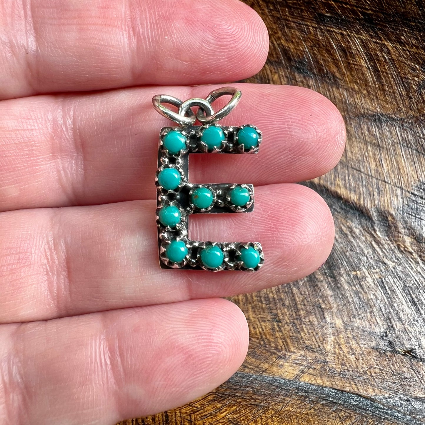 Kingman Turquoise Initial E Sterling Silver Pendant
