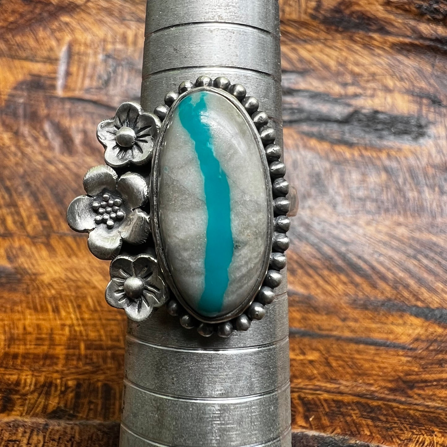 Ribbon Turquoise Floral Sterling Silver Statement Ring – Adjustable Size 9