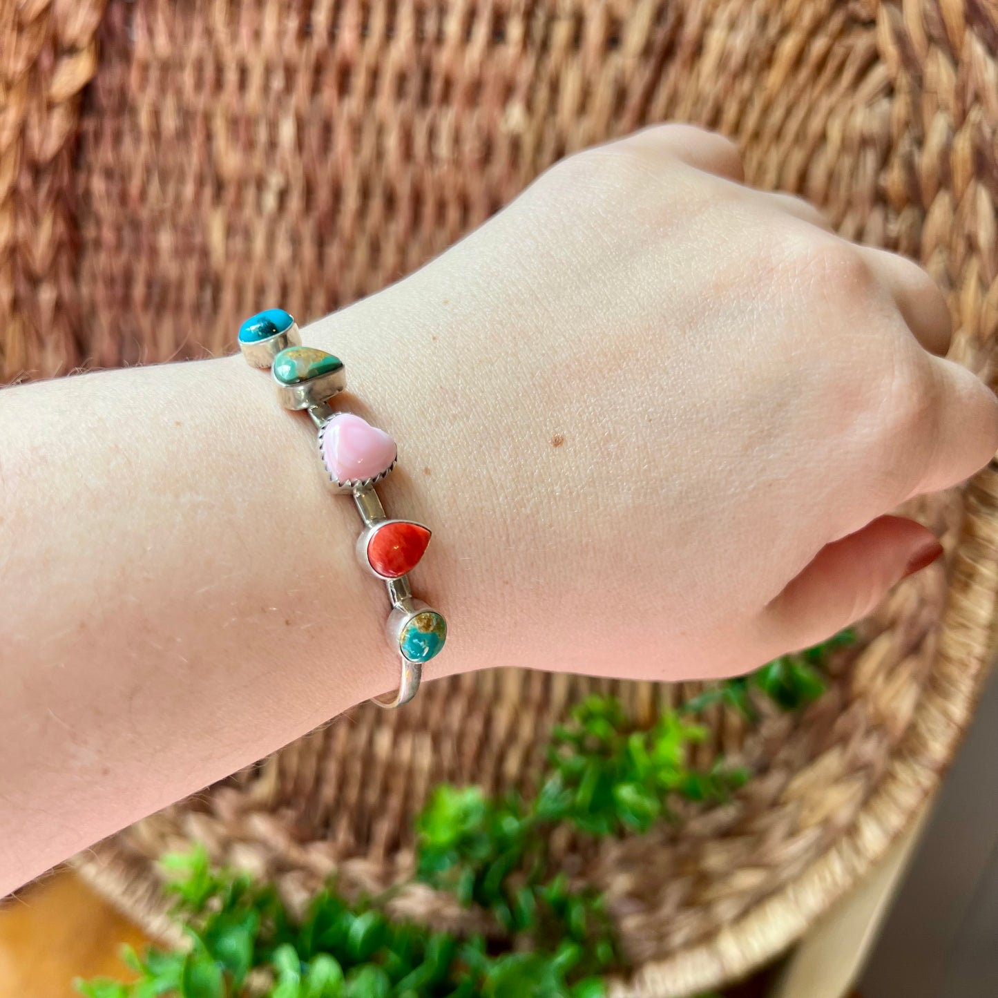 925 Sterling Silver Multi-Stone Cuff Bracelet Kingman Turquoise Spiny Oyster Conch Heart Southwestern