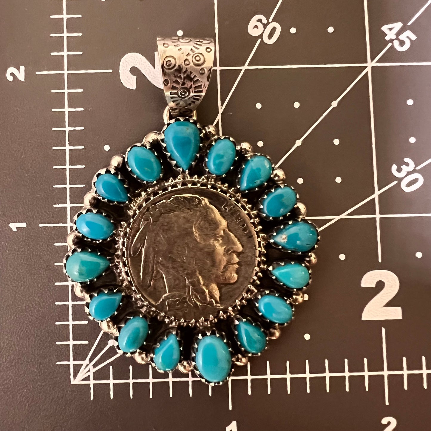 1936 Buffalo Nickel & Kingman Turquoise Cluster Pendant