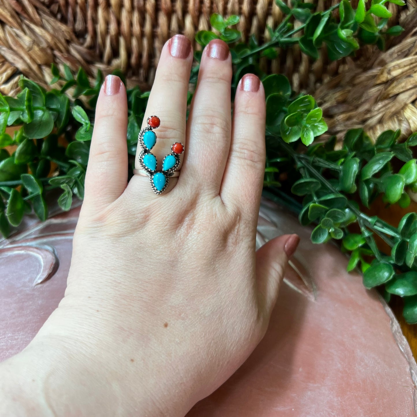 Sterling Silver Kingman Turquoise & Italian Coral Cactus Ring
