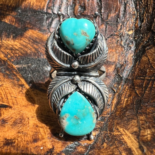 Sterling Silver Kingman Turquoise Double Stone Statement Ring Size 8