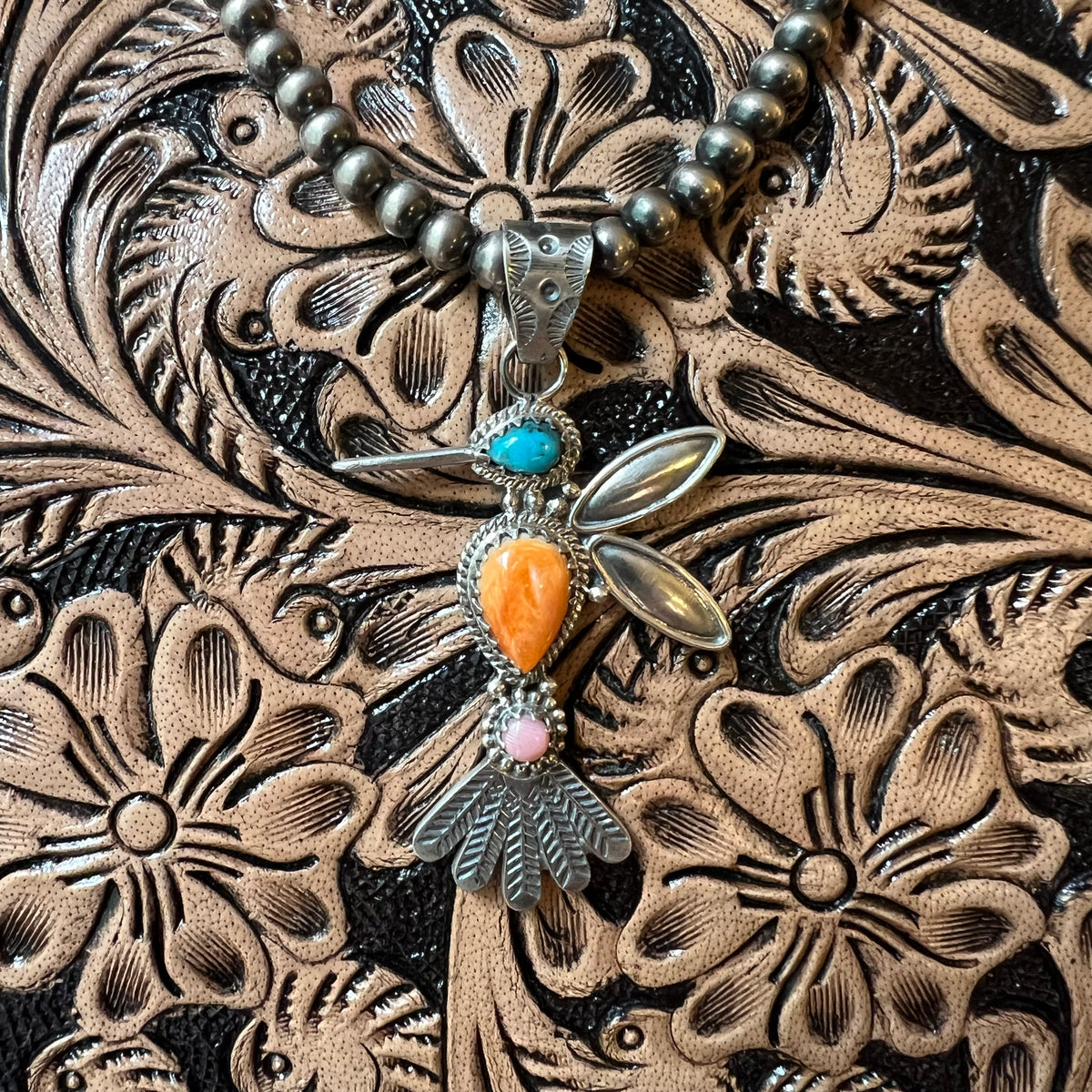 Sterling Silver Multi-Stone Hummingbird Pendant | Turquoise or Spiny Oyster