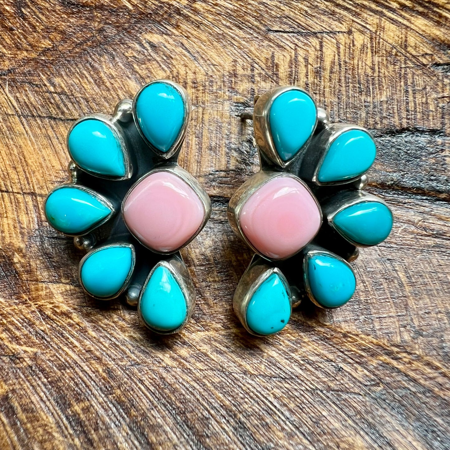 Pink Conch & Kingman Turquoise Cluster Sterling Silver Earrings