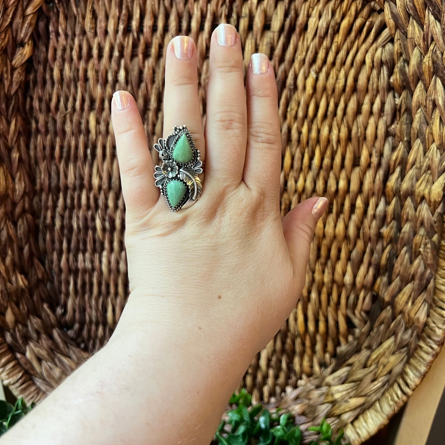Kingman Turquoise Double Stone Statement Ring – Size 8.5 Sterling Silver