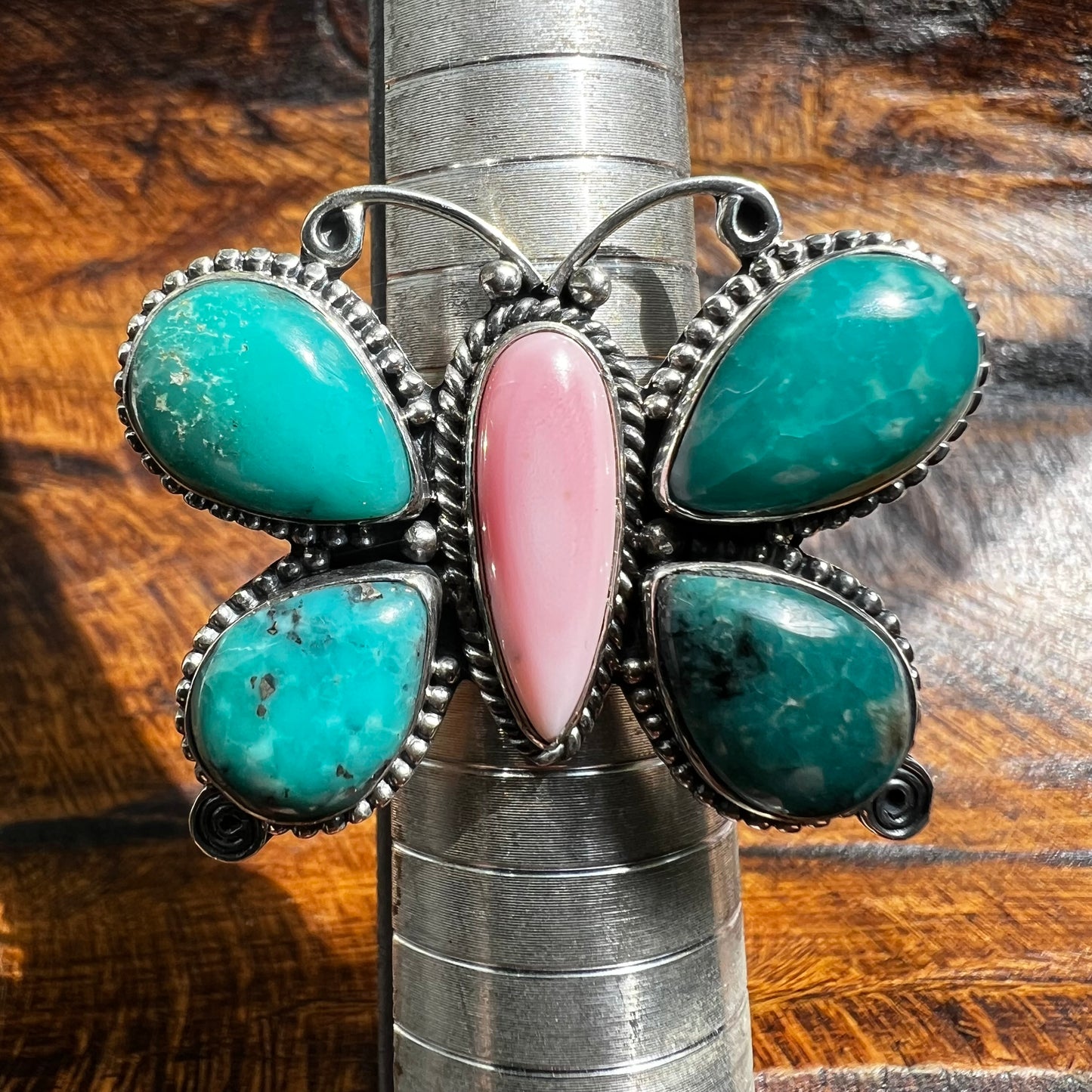 Kingman Turquoise & Pink Conch Butterfly Ring Sterling Silver Size 9