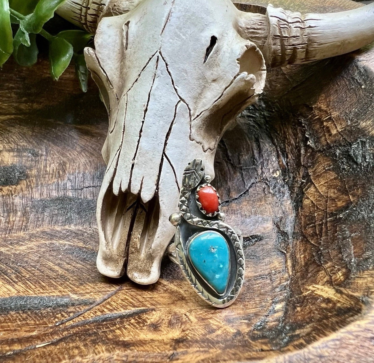 Kingman Turquoise & Italian Red Coral Snake Ring