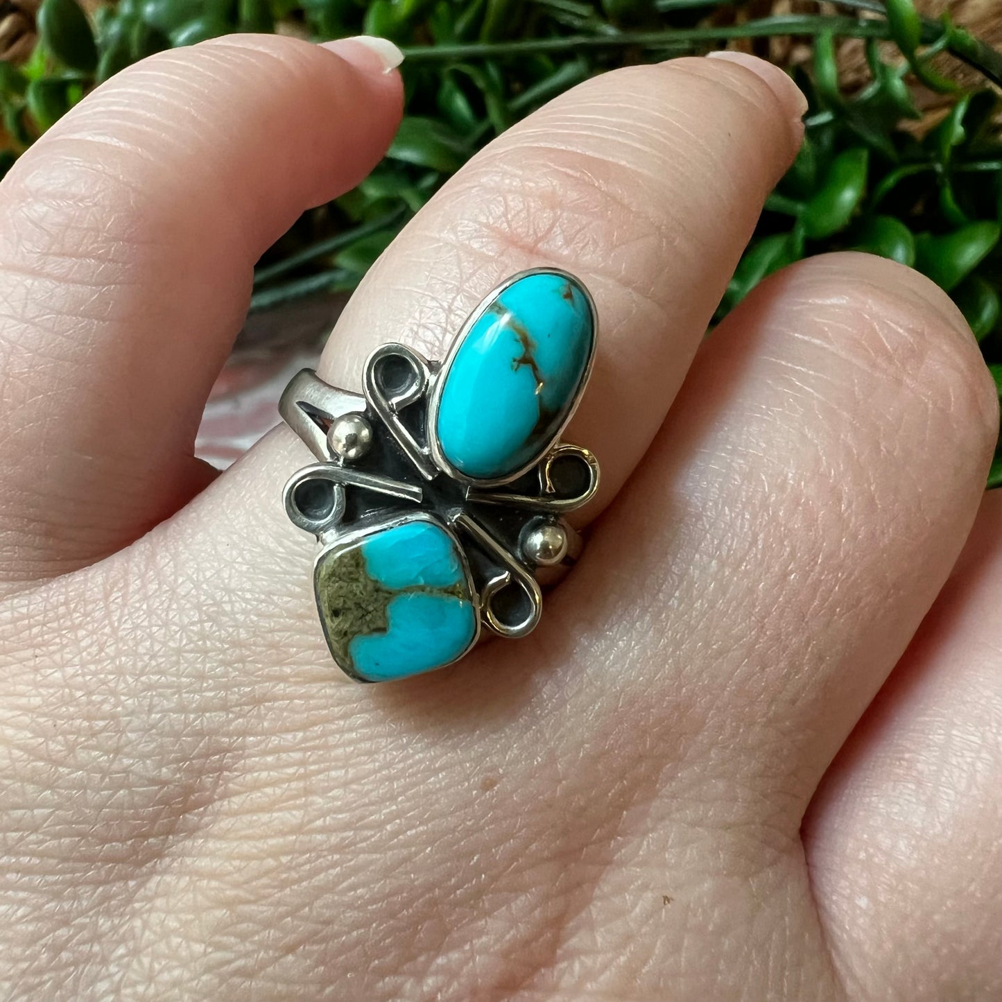 Sterling Silver & Kingman Turquoise Double Stone Ring | Size 9