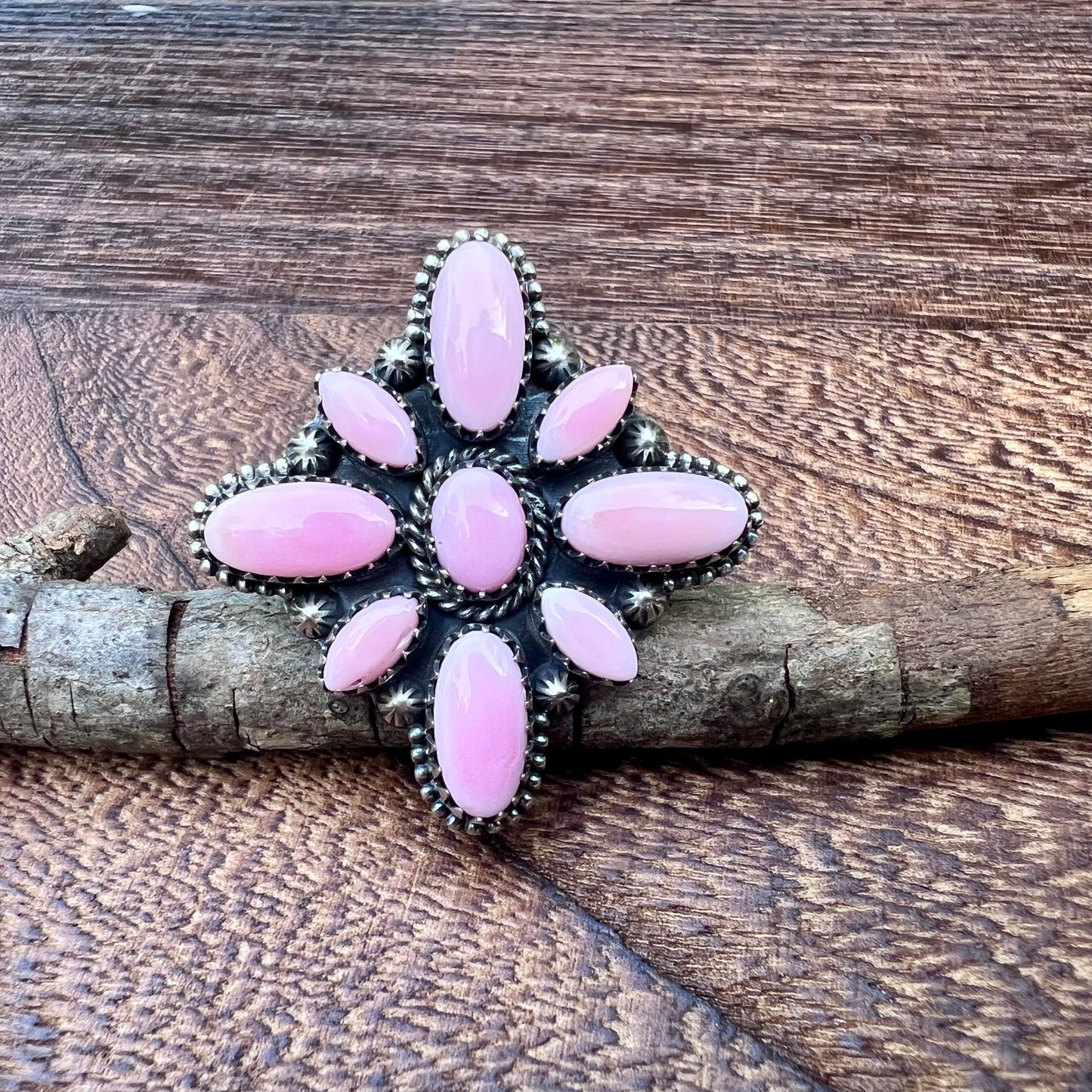 Blush Conch Floral Cluster Ring – Handcrafted Sterling Statement