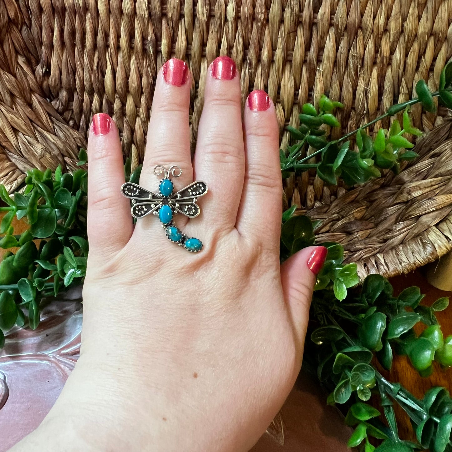 Handcrafted Sterling Silver Kingman Turquoise Dragonfly Ring – Size 8.5